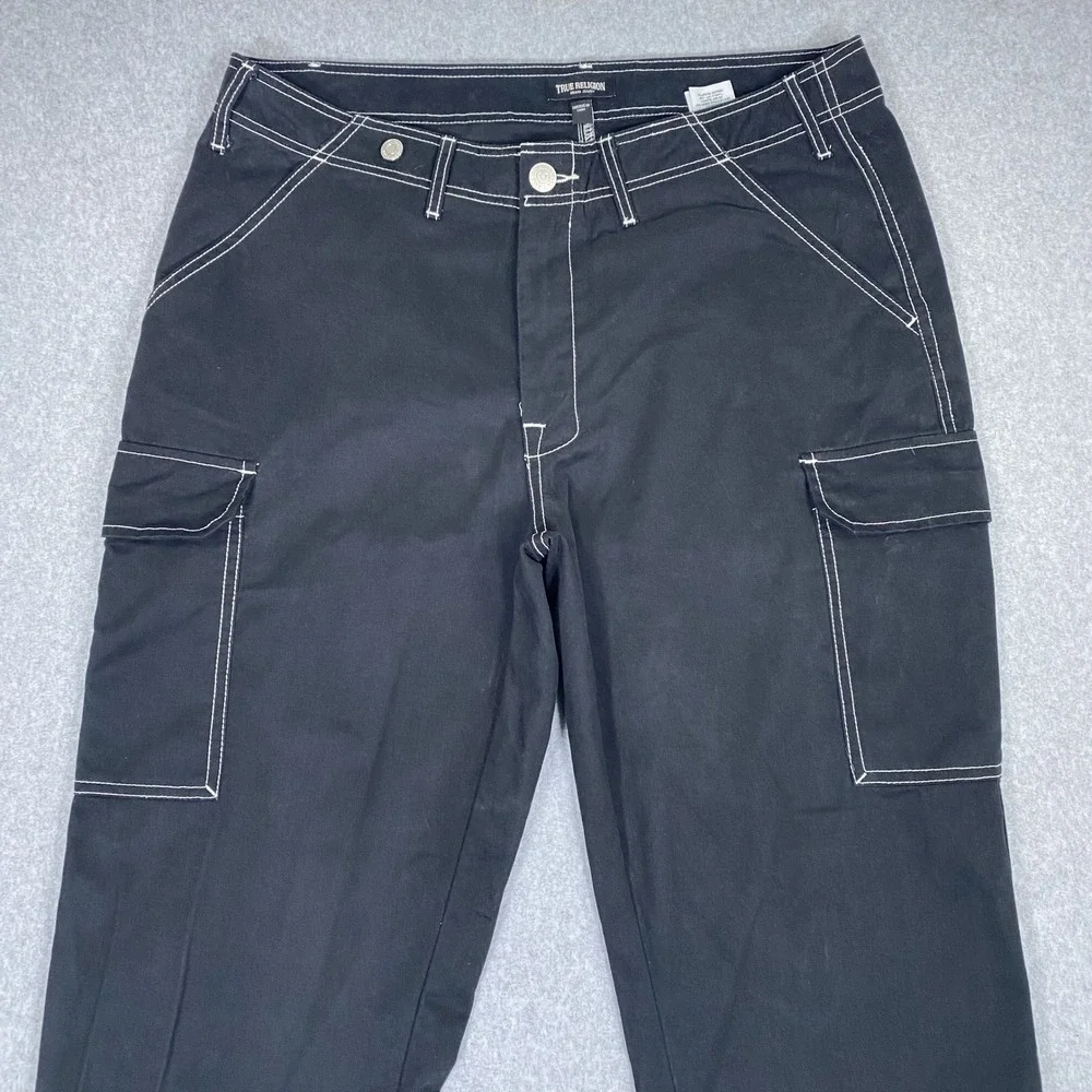 True Religion Cargo Pants Mens 36 Black White Contrast Stitch Horseshoe Logo